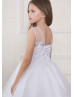 White Beaded Lace Tulle Long Flower Girl Dress